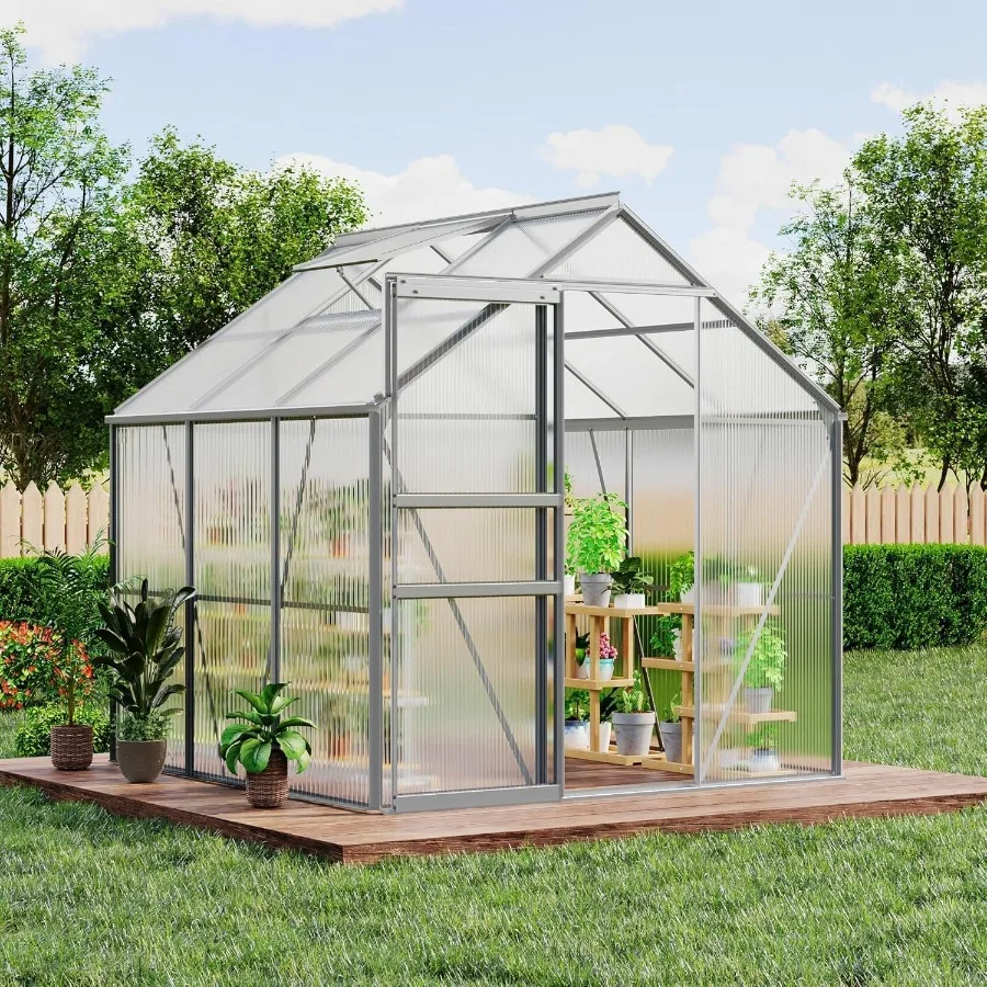 Walk-in outdoor backyard greenhouse: 6x6 ft polycarbonate panels 720g/m,silver heavy-duty aluminum frame, adjustable roof vent