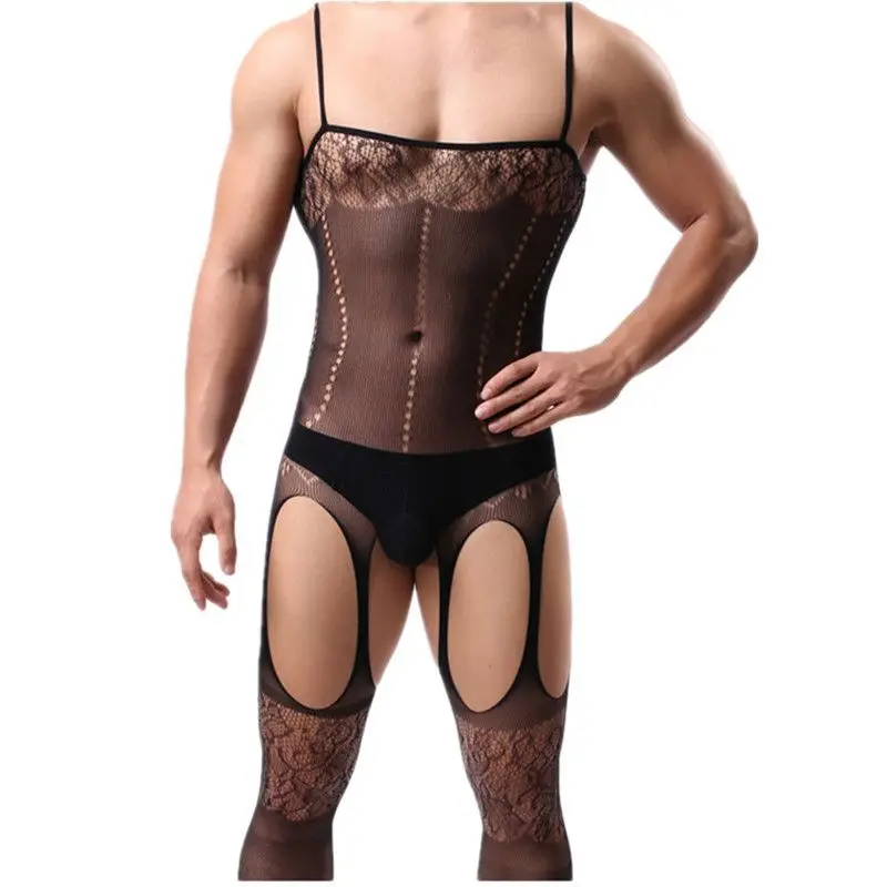 Men Sexy Crotchless Erotic Lingerie Porn Fishnet Mesh Bodysuit Gay Stretch Open Crotch Porn Teddy Hollow Out Bodystocking Fetish