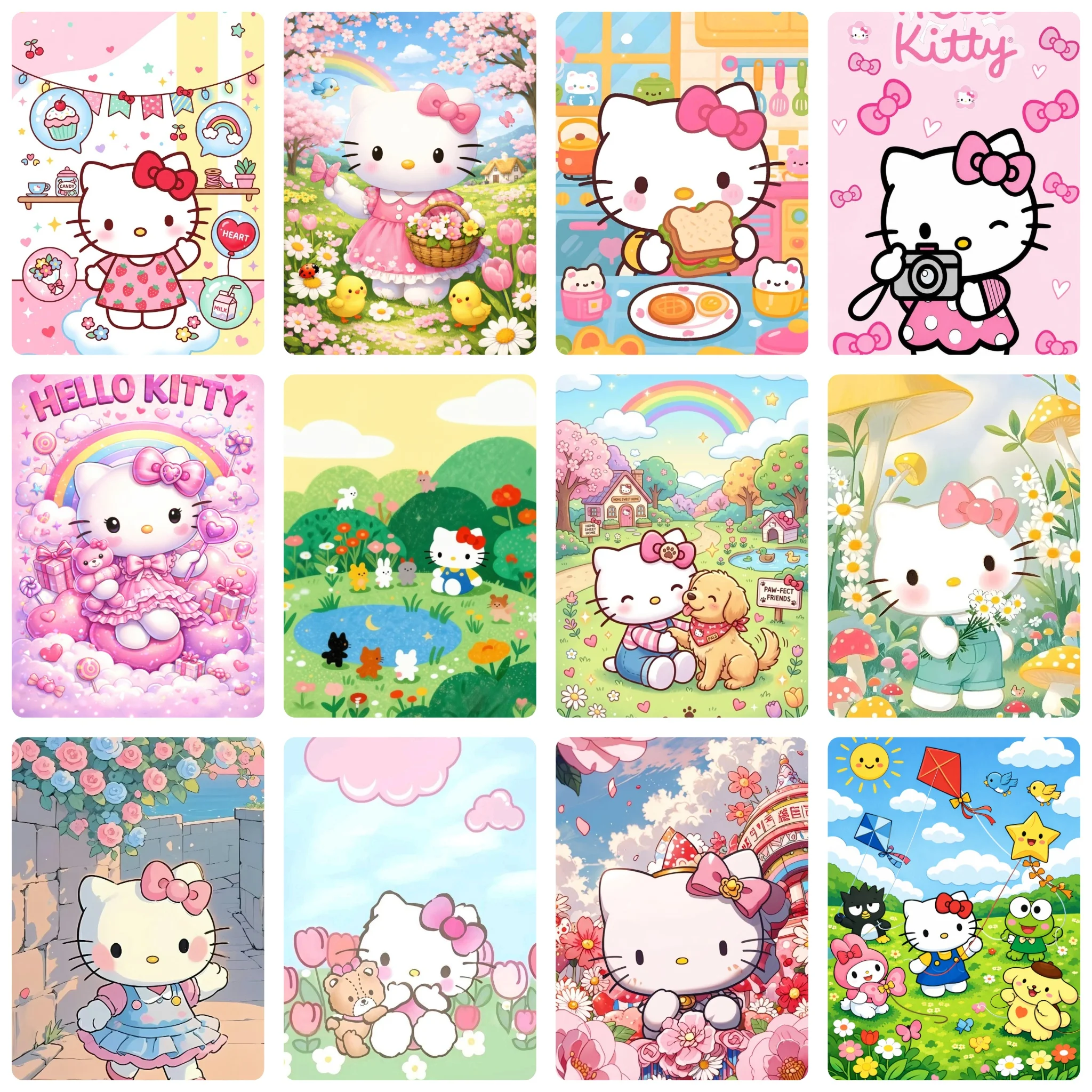 DIY Hello Kitty Diamantmalerei, Kawaii-Cartoon-Charakter mit Frühlingsgarten und Regenbogenlandschaft für Wohnzimmerdekoration & Geschenk