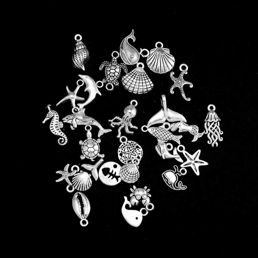 40pcs 27 Style Seashell Mermaid Tail Turtle Whale Starfish Charms Marine Pendants For DIY Jewelry Making Wholesale Bulk Items