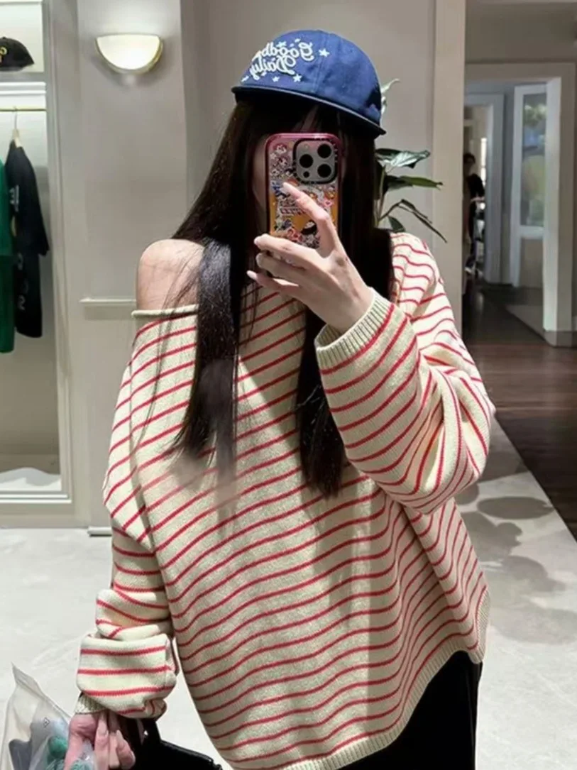 

Korean Sle Casual Striped Knitwear oulder Bared One-oulder Loose Slimming Women's Top Batwing Sve Autumn Winter