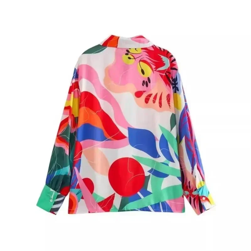 طقم قميص وسراويل نسائي مطبوع من الساتان ، طية صدر بأكمام طويلة ، موضة غير رسمية ، اوربي وأمريكي