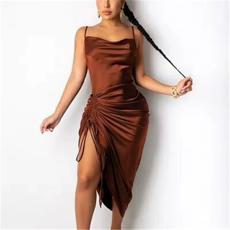 Sexy Women Midi Dress Women Swinging Neck Spaghetti Strap Backless Solid Color Beach Dresses Female Satin Elegant Party Vestidos