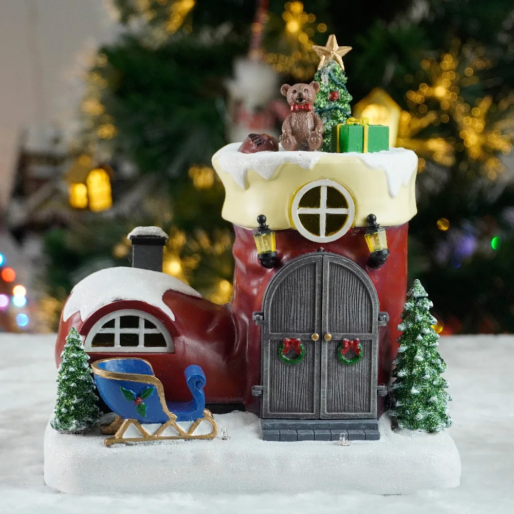 New Christmas gifts, luminous music ornaments, boots, snow house music box, Santa Claus door opening scene