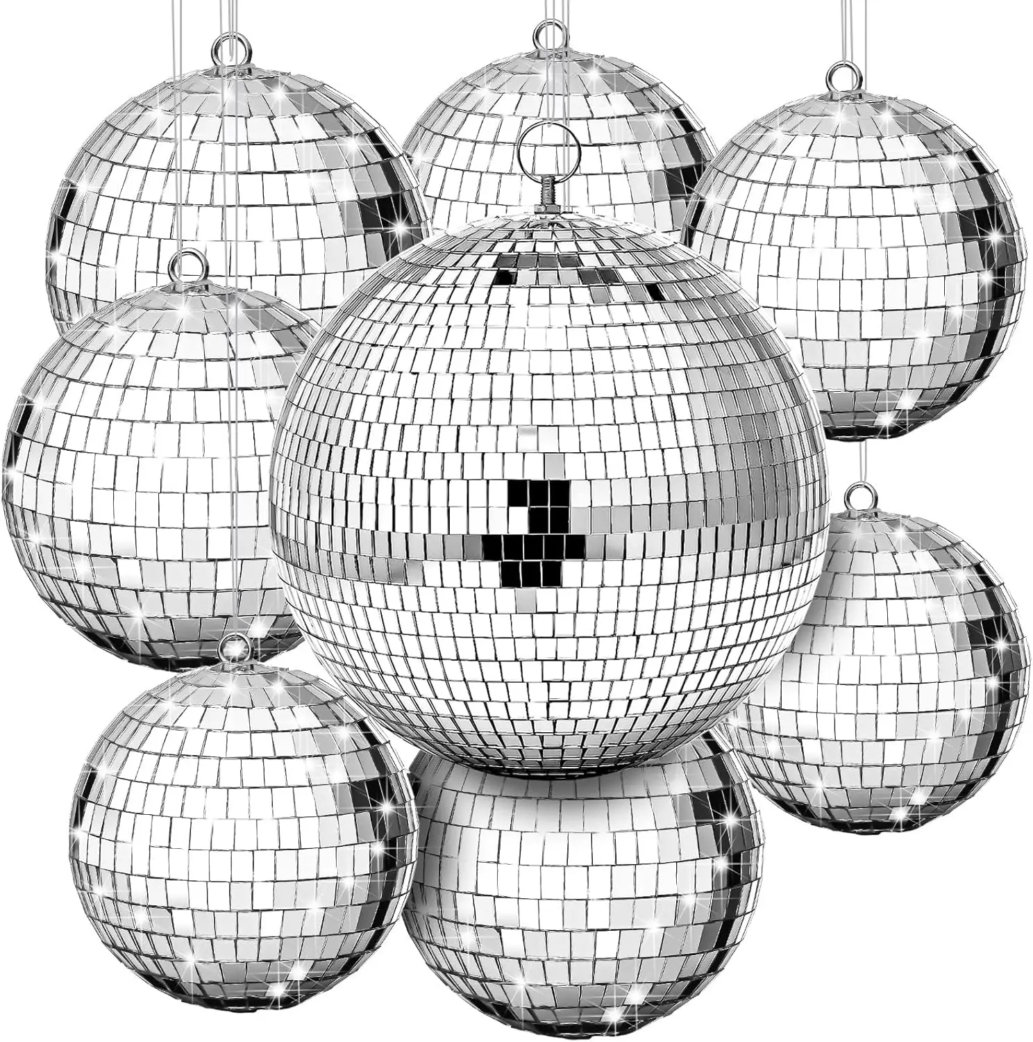 

8 Pcs Large Disco Ball Set Silver Mirror Disco Reflective Ball with Hanging Ring Party Ornament