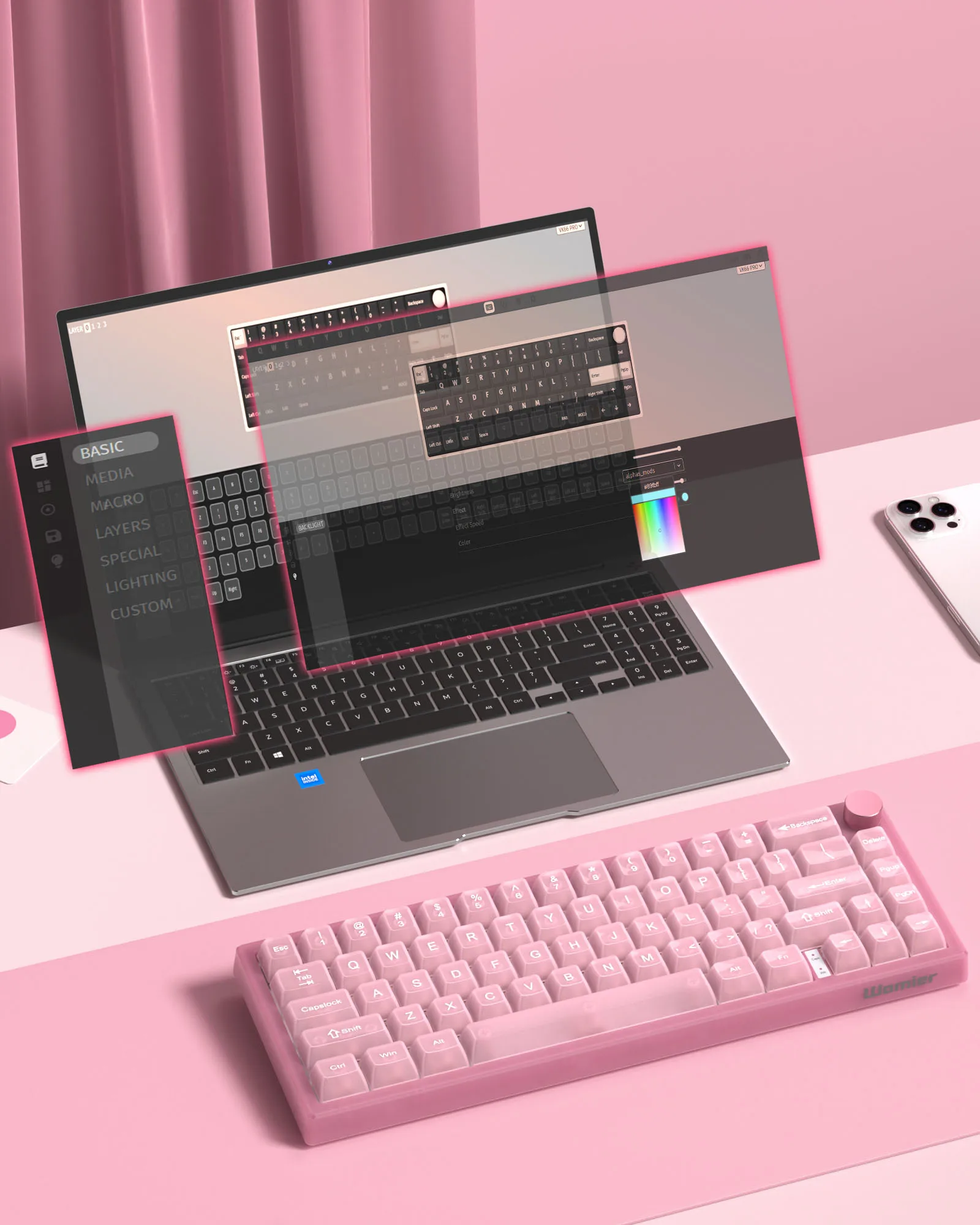 Womier Pink Fog Keyboard V-K66 PRO QMK Mechanical Gaming Keyboard Knob Strap Gasket Mounted Wired LED Backlit Hot-Swap Keyboard