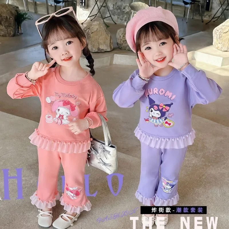 Sanrio Melody Kuromi-Sudadera con capucha de manga larga de encaje para niñas, ropa de algodón para niñas pequeñas, trajes lindos, Tops, Pantalones suaves, conjuntos para recién nacidos, otoño