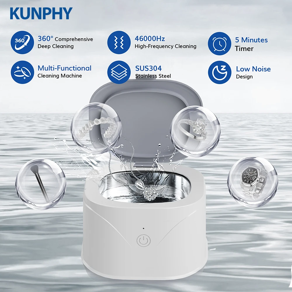 

KUNPHY Ultrasonic Jewelry Cleaner 220ML 46KHz Ultrasonic Cleaner Machine 5Min Timer for Ring Sliver Denture Dental Appliances