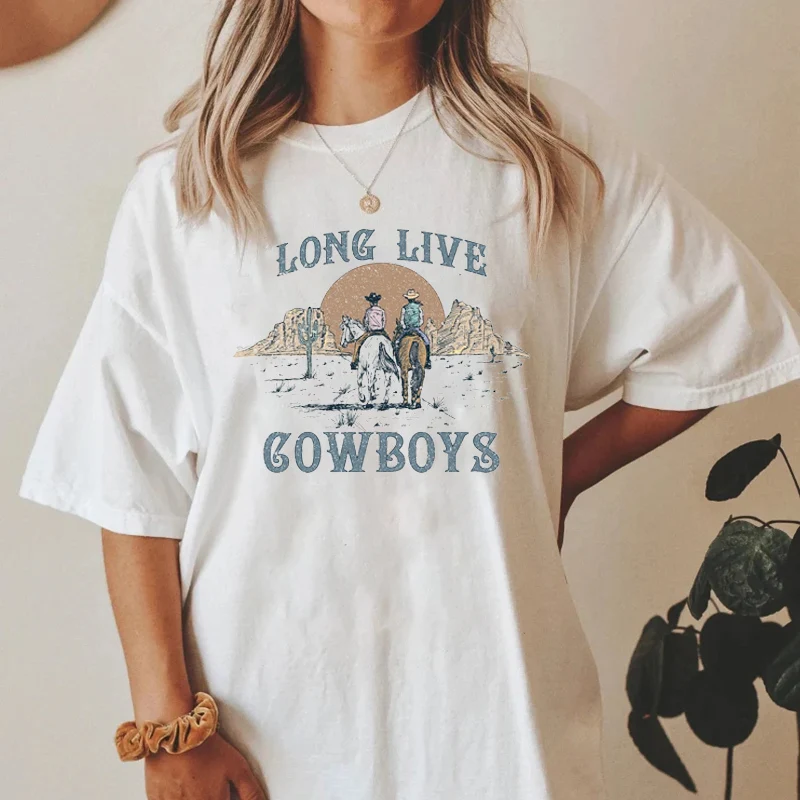 Camisetas estampadas de Cowboys para mujer, camiseta Retro occidental, camiseta Vintage bohemia de manga corta para mujer, camisetas divertidas de Rodeo