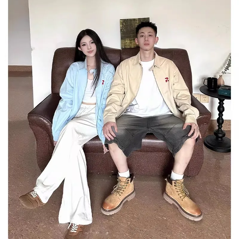 

Retro Korean Sle Milk Blue irt Jaet ex Spring Autumn High Waist Cleanfit Harrington Jaet for Couples