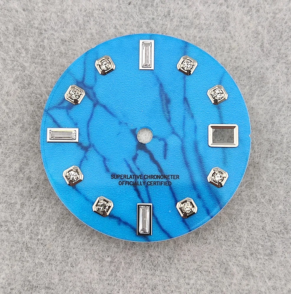 Esfera NH35 de 28,5mm, esfera de diamante integrada, calendario único, esfera agrietada adecuada para movimiento NH35/NH36, esfera azul de alta calidad