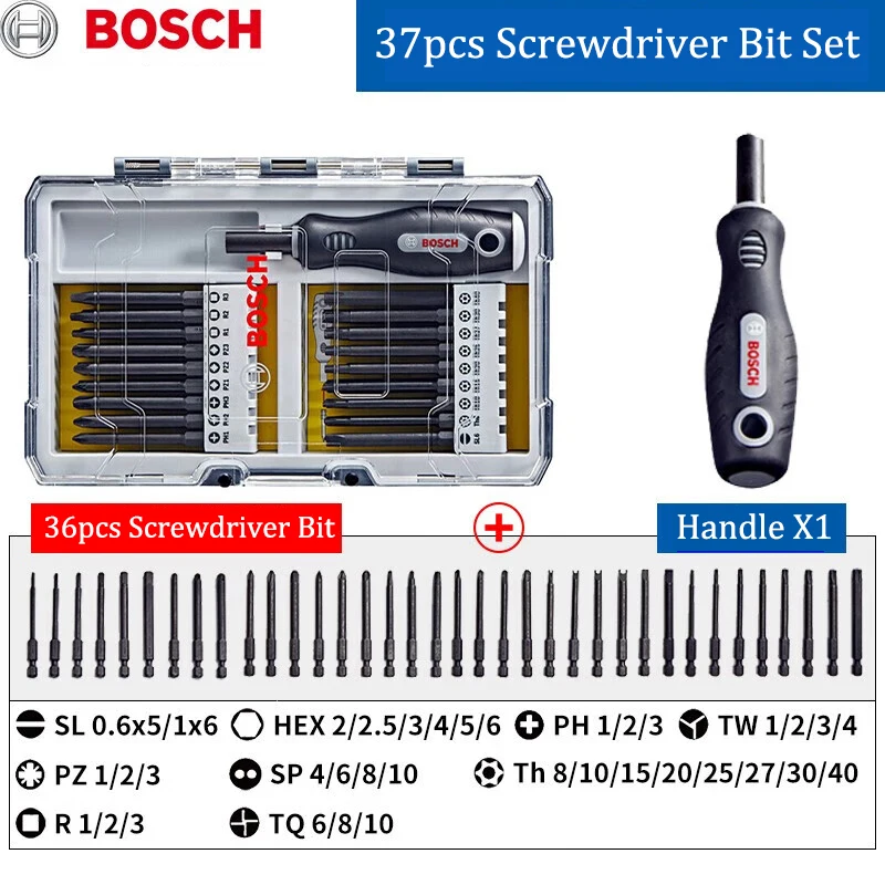 Punta per cacciavite elettrico Bosch Kit da 36 pezzi Materiale in acciaio legato S2 Punta da trapano con rivestimento in ossido nero e 1 trapano a mano per cacciavite