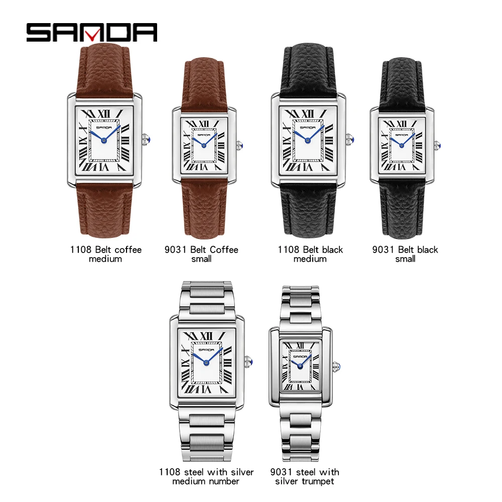 SANDA 1108 9031 New Luxury Brand Couple Watches Women Men Waterproof Clock Quartz Wristwatches Leather Strap Ladies Square Watch