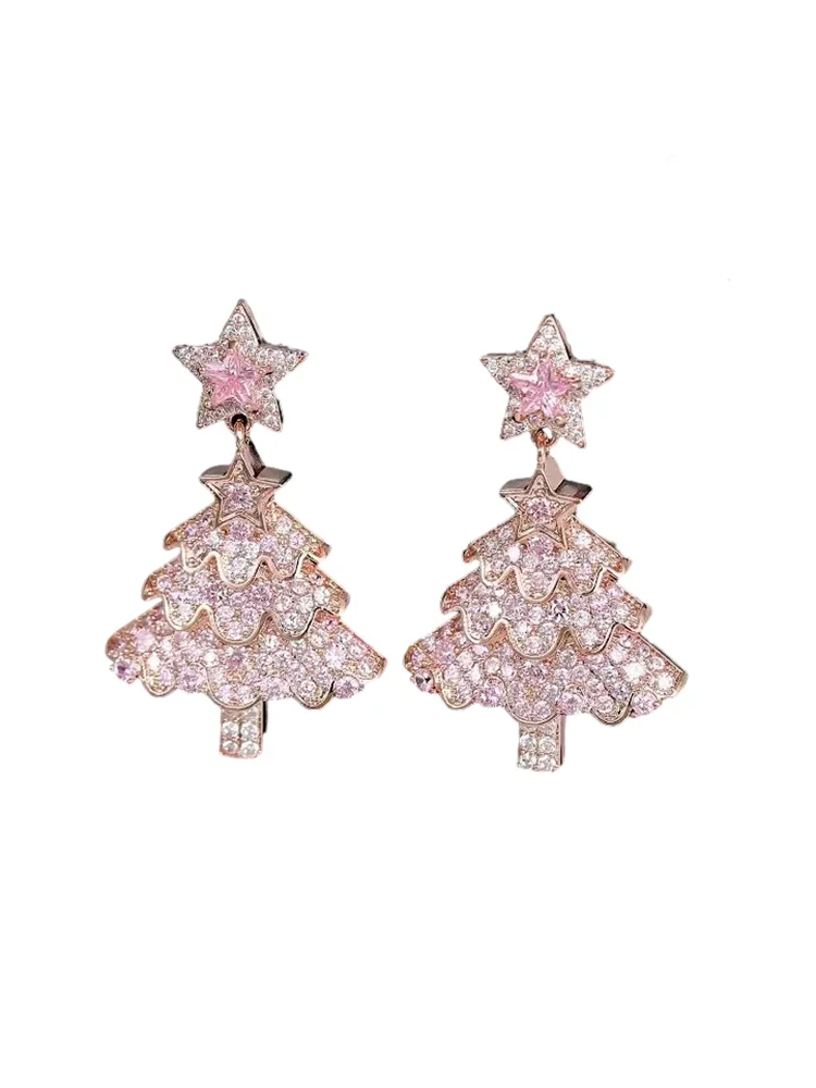 Pink Christmas tree earrings femininity new stud earrings light luxury fashion high-end earrings