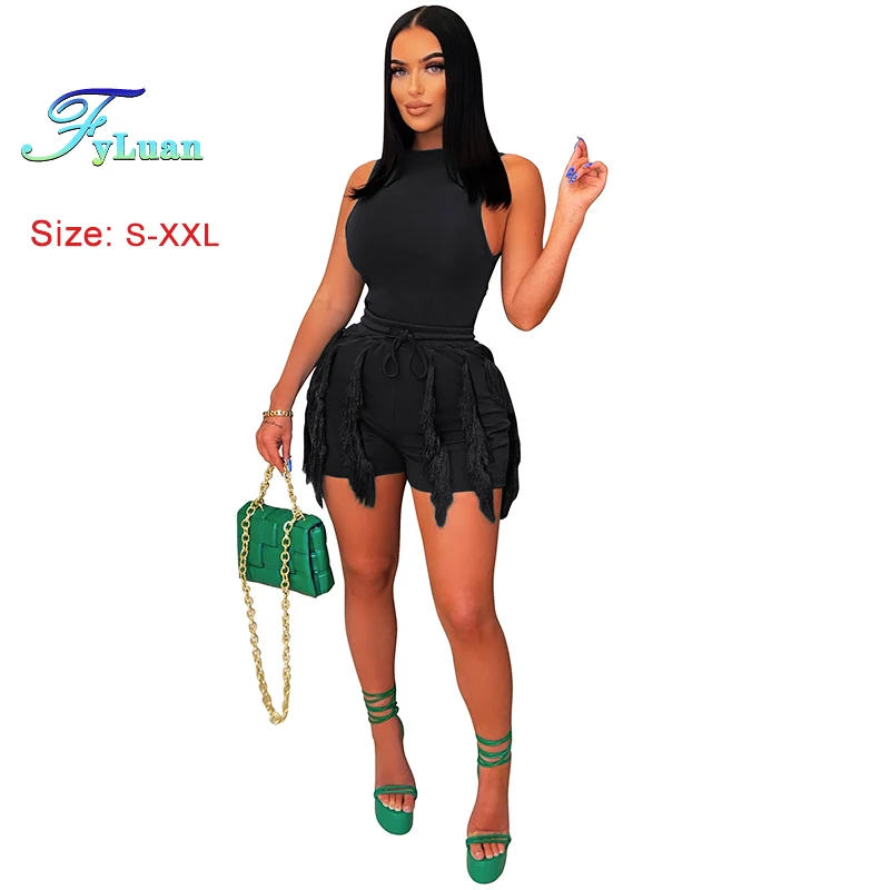 

European And American Summer New Women's Shorts Sets Solid Color Sleeveless Tight Fitting Vestidos +Tassels Shorts Two-Piece Set