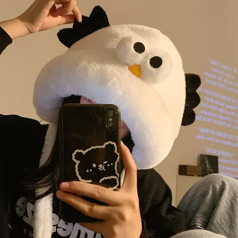 Nova moda bonito estereoscópico olhos criativo frango brinquedo de pelúcia chapéu inverno quente chapéu de pelúcia web vermelho chapéu de pelúcia presente pintinho feio