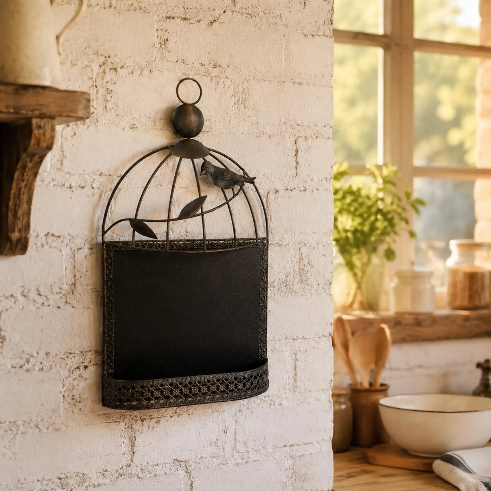 Wall Mounted Notice Board Iron Chalkboard with Vintage Birdcage Frame for Cafe Hallway Decoration Hand Painted Distressed Finish