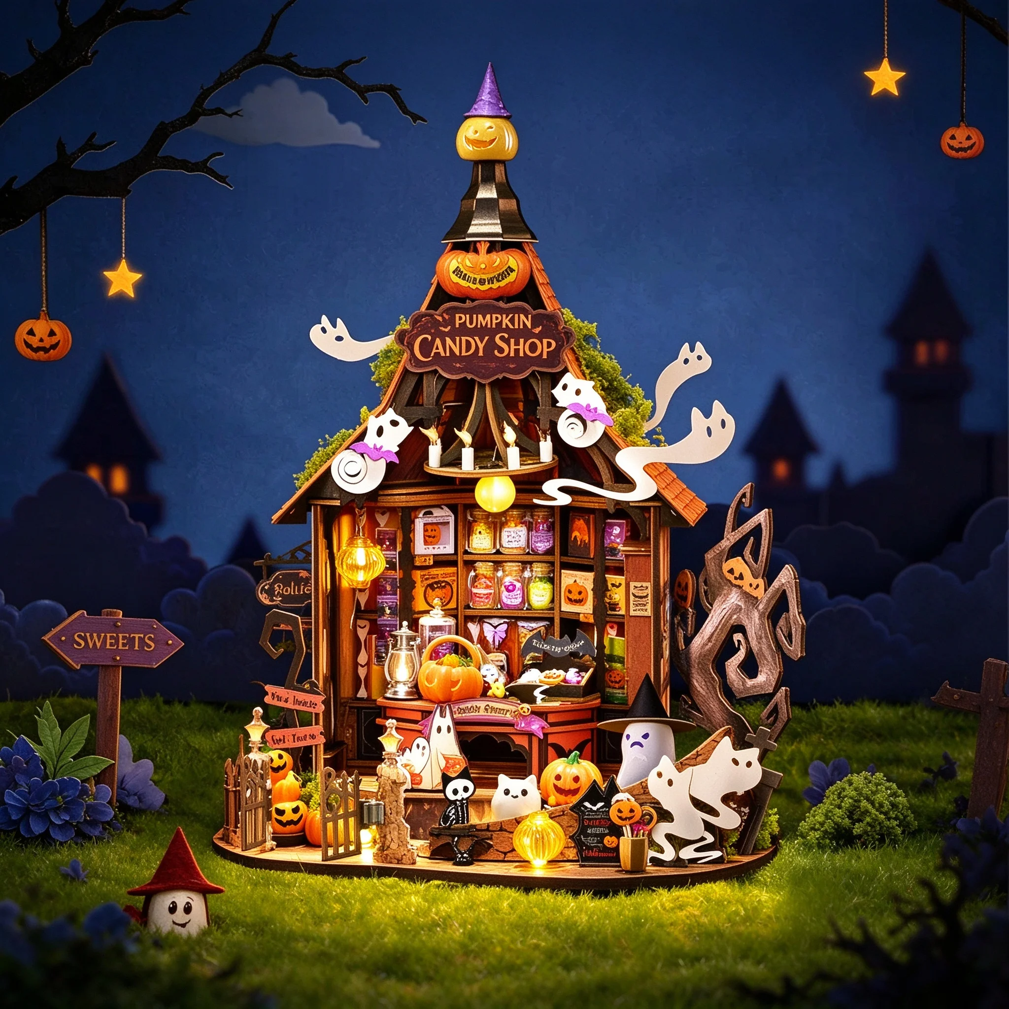 Haunted Candy House DIY Wooden Dollhouse 3D Puzzle Miniature Building Kit Halloween Decor Craft Gift for Women Teens Home Decor