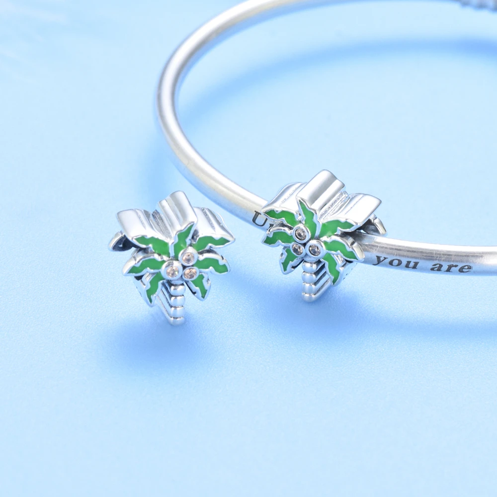 PANQDIY 100% 925 Sterling Silver Enamel Pendant Summer Coconut Tree Charm Fit For Women Bracelet & Bangle Fine Jewelry GiftKF120