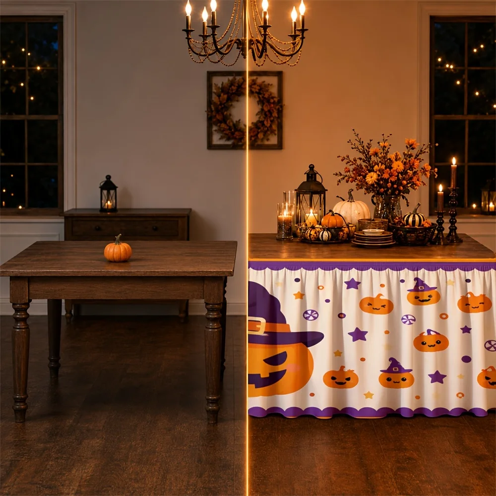 Send a tablecloth and a table skirt 1 piece, Halloween pumpkin witch hat, star confetti, seasonal autumn decoration.