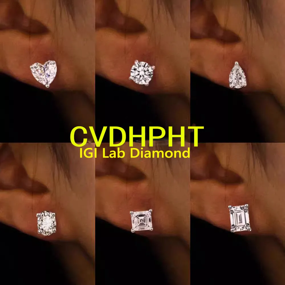 IGI Certified 1Carat Emerald, Heart ,Pear,Oval,Round Diamond Stud Earrings, VS1 Clarity D Color, 9K White Gold Lab Grown Diamond