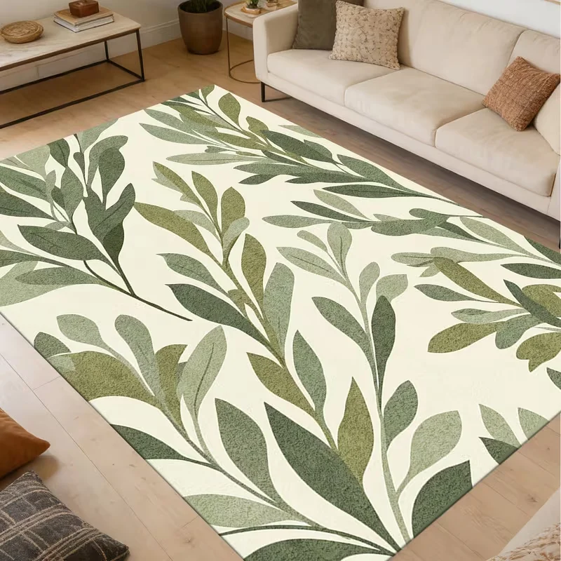 Olive Green Leaf Branch Area Rug Plant Print Non Slip Soft Floor Mat Boho Minimalist Botanical Carpet For Living Room Bedroom