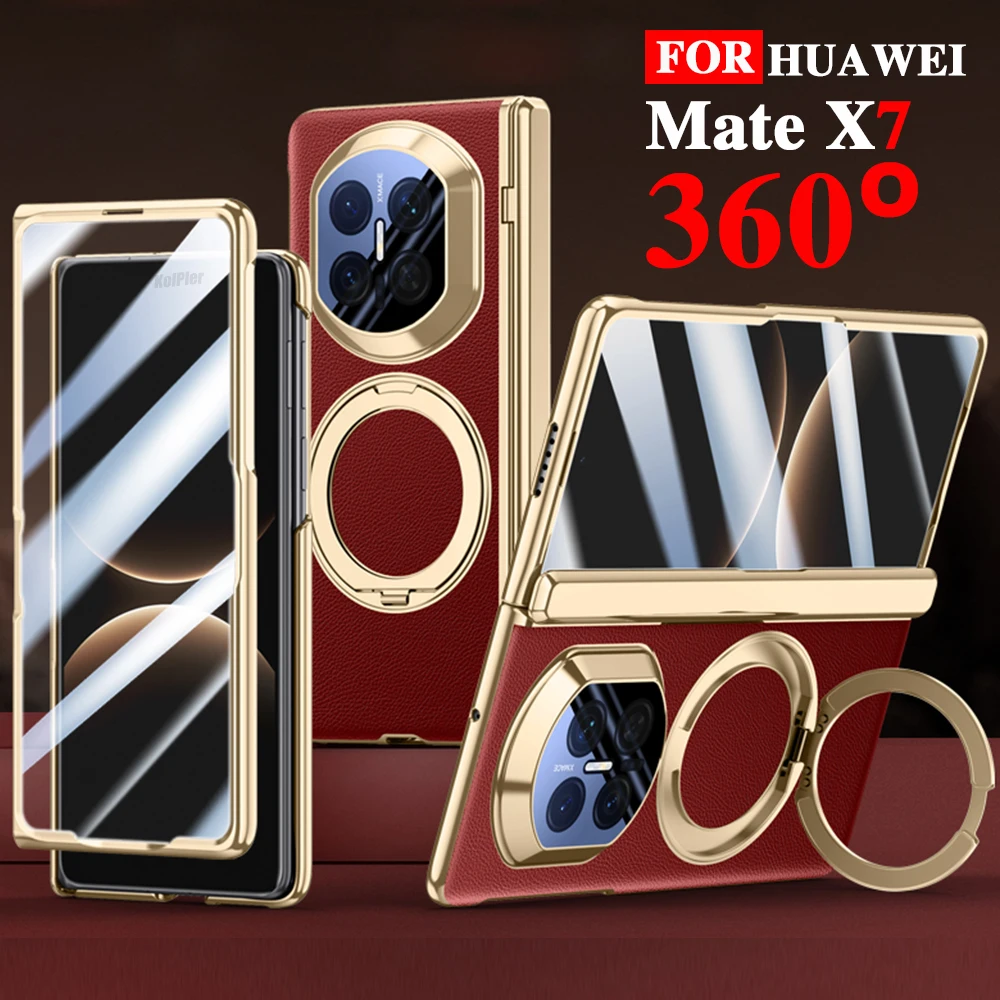 

Leather Case For HUAWEI Mate X7 2026 Stand Strong Magnetic Skin-friendly Feel Glass Screen Protective Plating Ring Holder Cover
