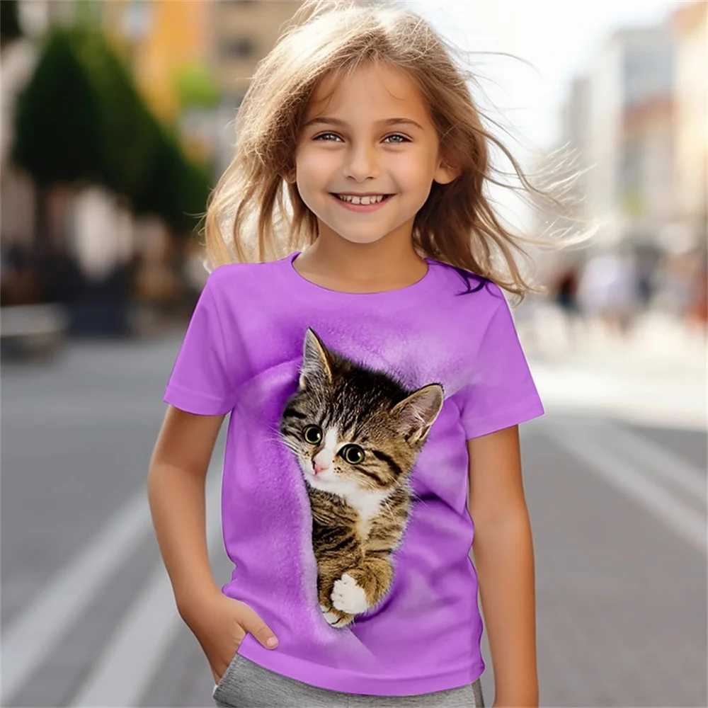 Simpatico gatto 3d stampato divertente abbigliamento per bambini maglietta per bambina maglietta estiva casual a maniche corte per ragazze