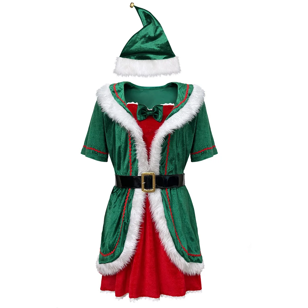 

2025 New Christmas Clothing Short-sleeved Plush Faux Fur Christmas Dress Women Velvet Dress with Belt Christmas Hat for Cosplay