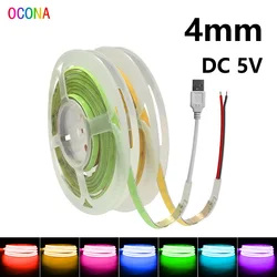 OCONA 4mm DC 5V Color USB COB LED Strip Lights for Computer PC Decor Cabinet 480LEDs Red White LED Tape Ribbon Battery Powered