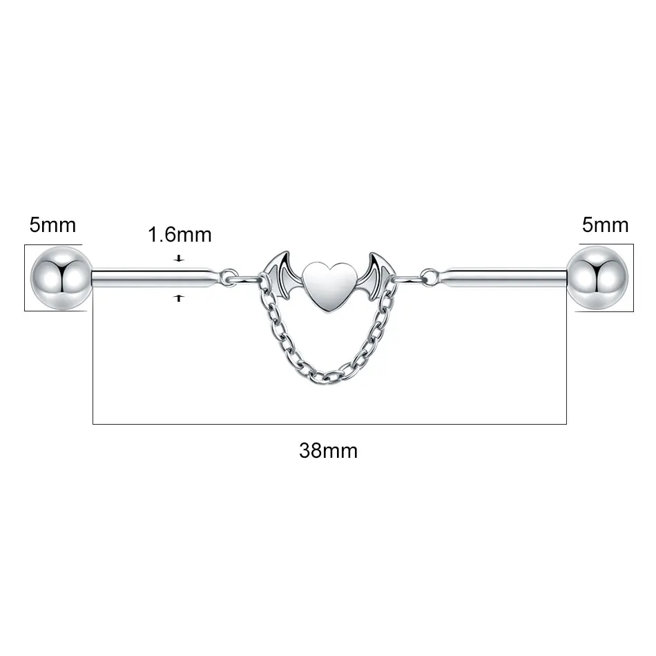 1/5Pcs Titanium Industrial Barbell Dangling Heart Wing Cartilage Helix Earring 38mm Long Bridge Earring Ear Rod Piercing Jewelry