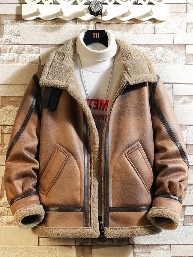 

Men's Winter Thiened Lamb Fur Jaet Coat Inteated Leather And Fur Long Sve Warmth Youth Faion Loose Fit Straight Hem