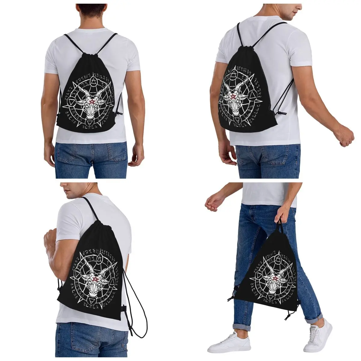 Zaini Baphomet Satanic Goat Borse casual portatili con coulisse Borsa con coulisse Borsa sportiva tascabile Borse per libri per uomo donna