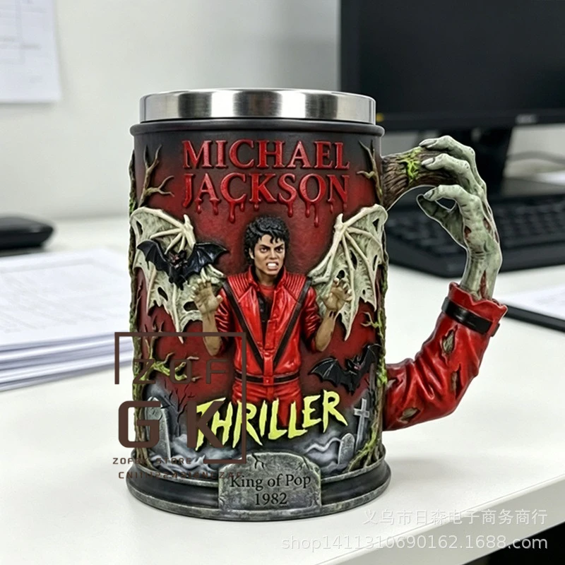 Michael Jackson Beat It Tasse 3D-Relief Edelstahl-Innentank Wasserbecher, Klassische Album-Designs