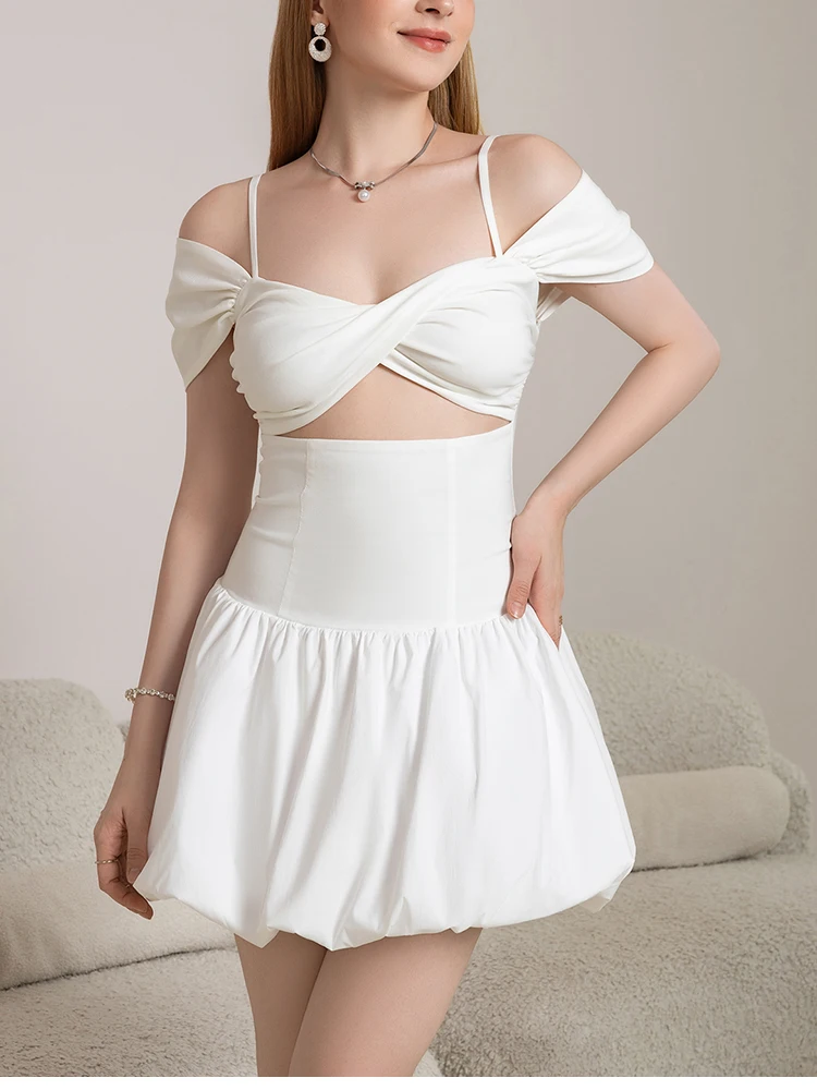 NewAsia ホワイト バレエ スタイル フラワー バッド ミニドレス スイート サマー レディース セクシー 薄いストラップ カットアウト バックレス ドレス ガーデン パーティー用