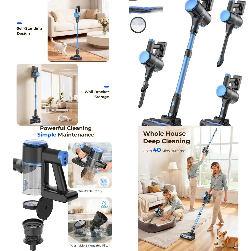 

Мощный легкий пылесос, аккумулятор емкостью 2200 мАч, время работы 40 минут, самостоящийся для домашних полов и шерсти домашних животных