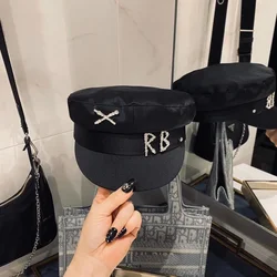 Europe and the United States hot satin smooth rhinestone RB navy cap autumn net red street patting duck hat children