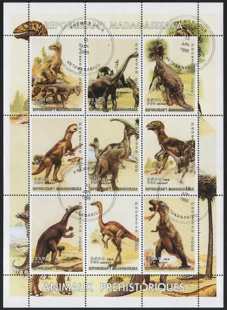 9Pcs/Set Madagascar Post Stamps 1999 Prehistoric Dinosaurs II  Marked Postage Stamps for Collecting