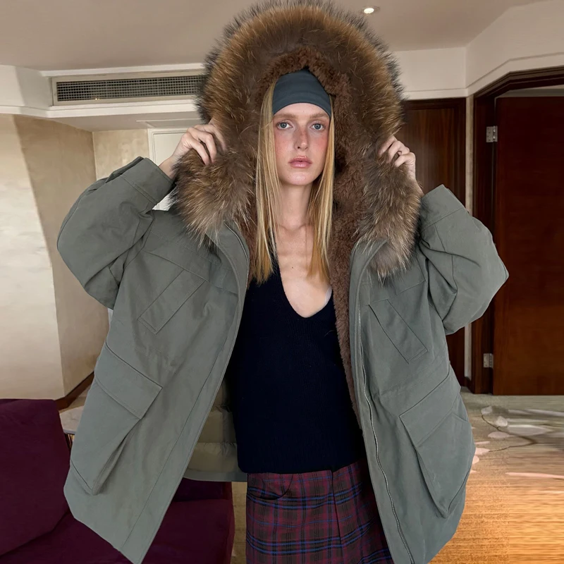 Fashion Detachable Real Raccoon Fur Collar Women's Loose White Goose Down Jacket Casual Army Green Female Warm Parka Coats