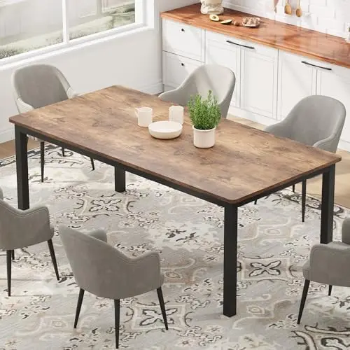 79 Inch Industrial Dining Table, Large Rectangle Kitchen Table with Metal Legs, Round Corners, Wooden Conference Tables