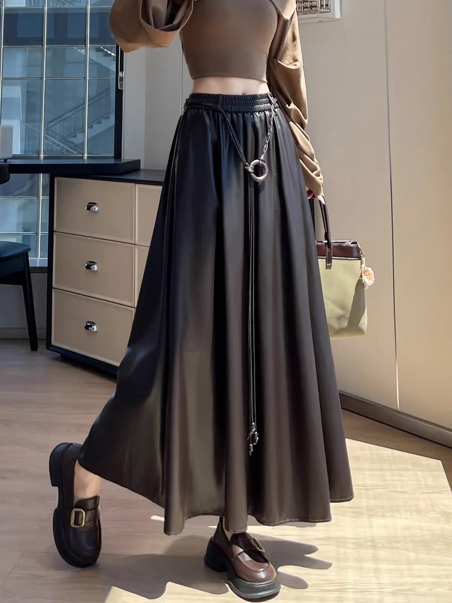 

Женские коричневые юбки из искусственной кожи 2024, расклешенная юбка трапециевидной формы средней длины с высокой талией на осень-зиму