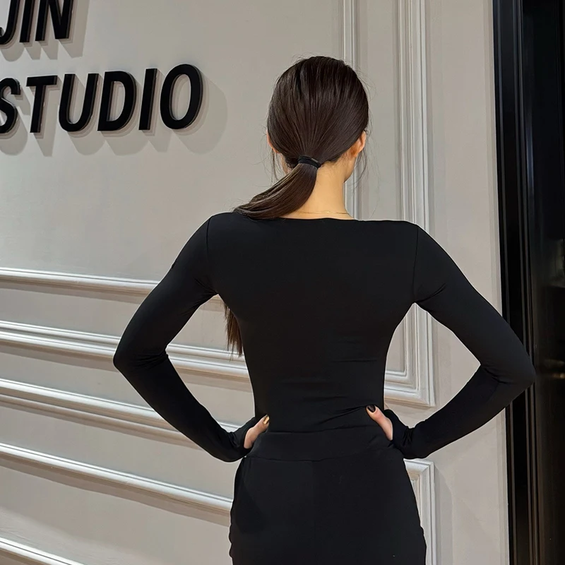 라틴 댄스 탑 여성 스퀘어 칼라 반팔 바디 슈트 댄스 트레이닝 탑 성인 슬리밍 댄스 연습 옷 VBH1428