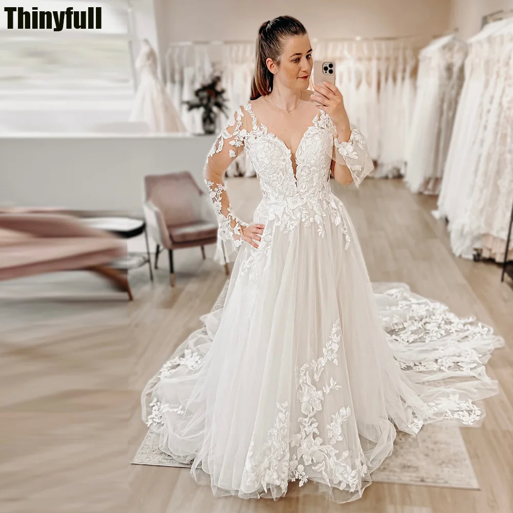 Thinyfull 2024 A-line Tulle Wedding Dresses V-neck Long Sleeves Bride Gown Lace Appliques Elegant Bridal Dress Vestido De Novia