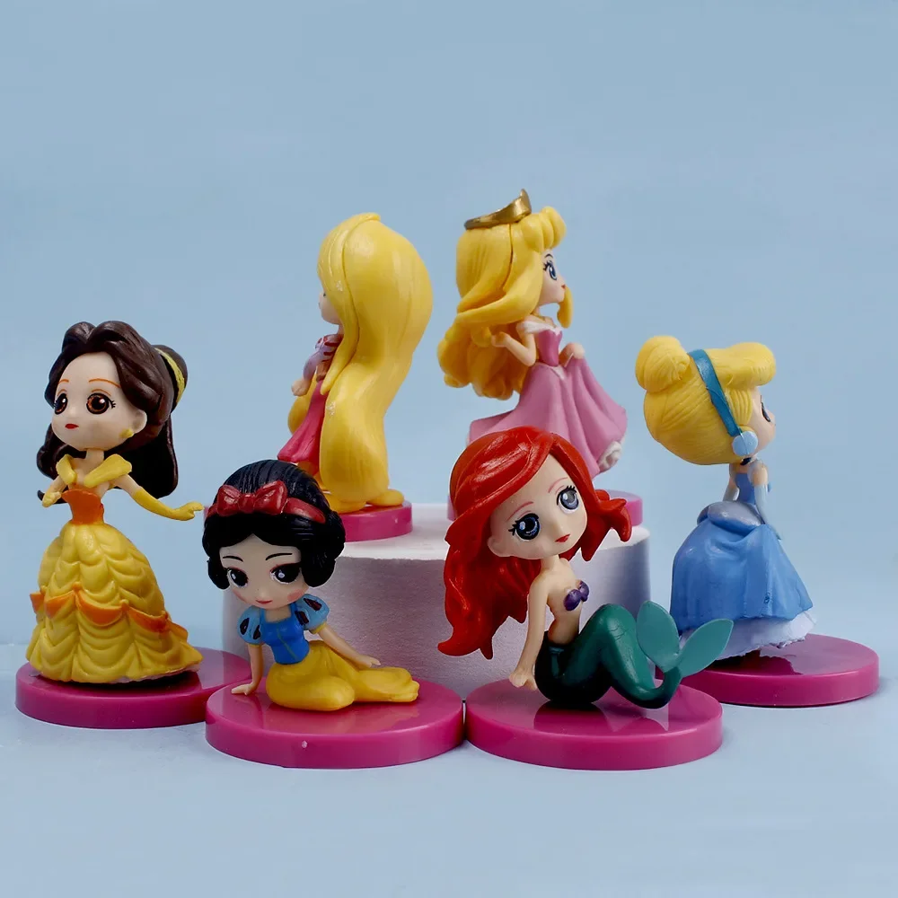 6Pcs/lot Kawaii Sitting Little Disney Princess Figure Belle Alice Mermaid Cute Figurine Cake Decoration Ornaments