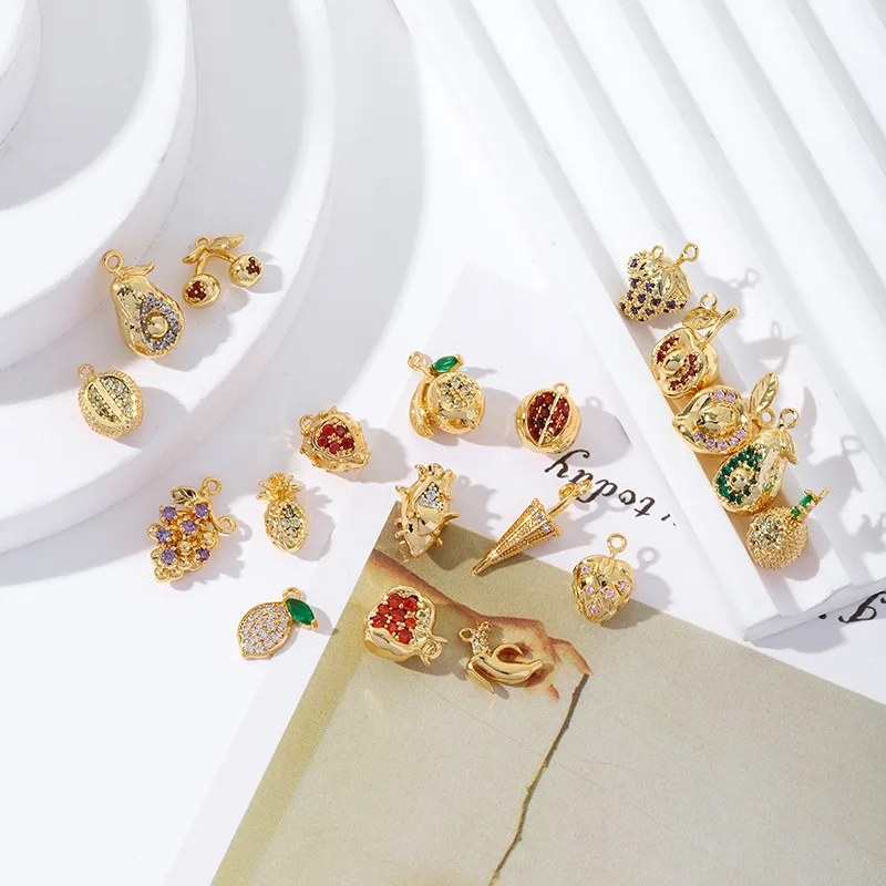 10pcs/ Set Fruit pendant copper plated 18K package colored zircon three-dimensional pendant DIY earrings necklace accessories