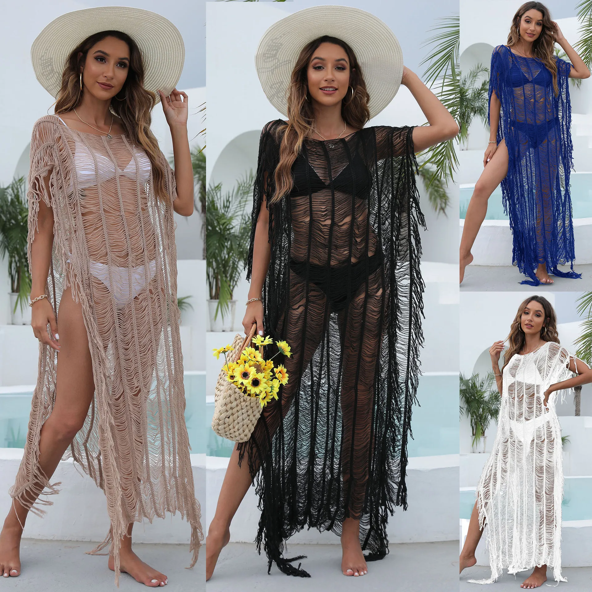 Robe de plage longue transparente pour femmes, Sexy, Cover-Up pour Bikini, vêtements de plage, tunique pour dames, frange, ajouré, été, 2023