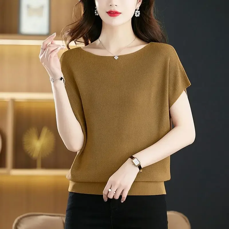 

Korean Simple Commuting Versatile Loose Ice Silk Short Sleeve T-shirt Women's Solid Summer One Line Neck Bat Sleeve Knit Top A11