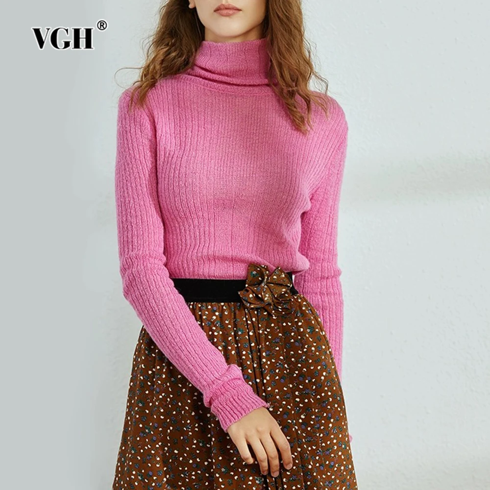 

VGH Minimalist Slimming Knitting Sweater For Women Turtleneck Long Sleeve Casual Solid Pullover Sweaters Female Fashion Style