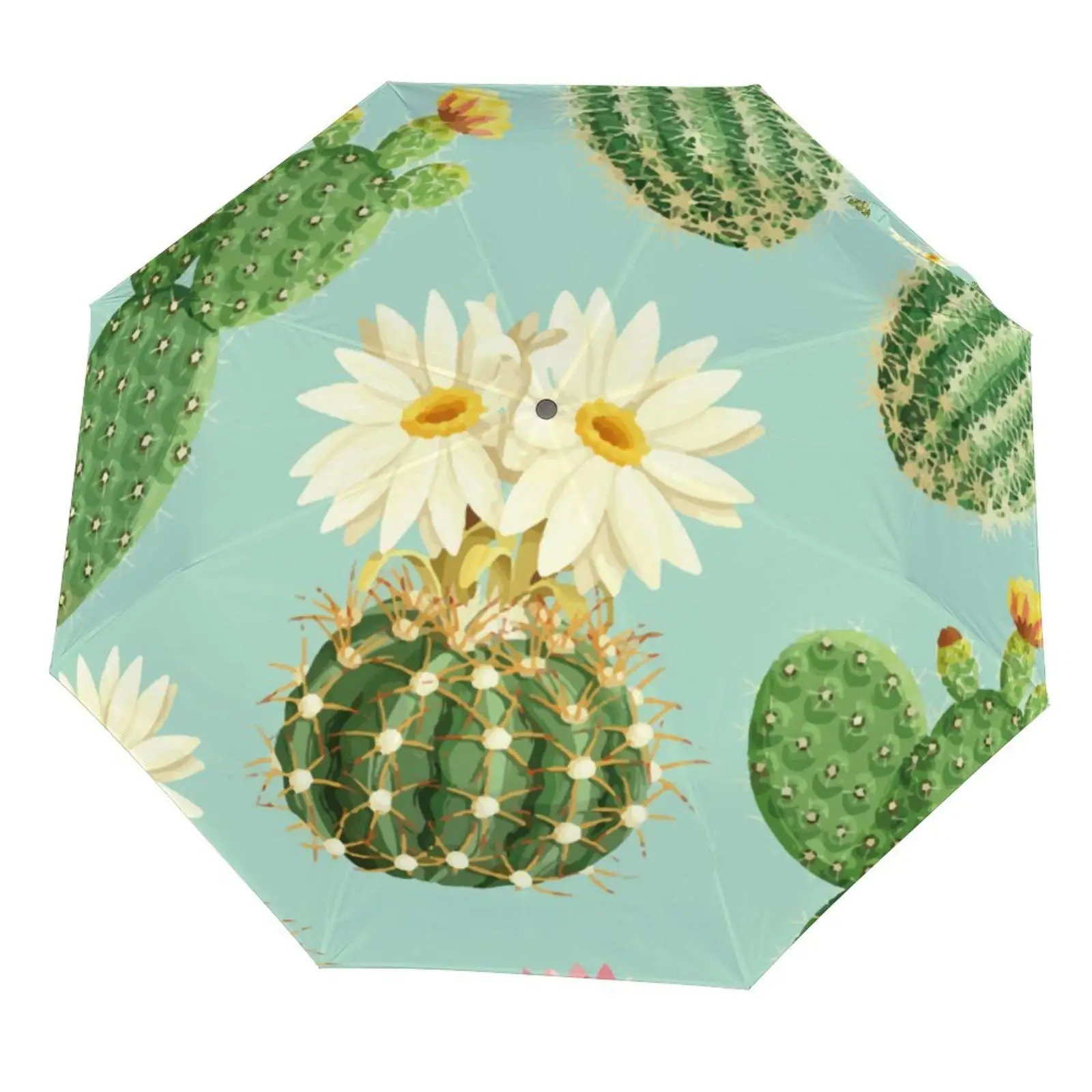 Cactus Flower Folding Umbrella Green Watercolor Desert Plant Compact Windproof Travel Umbrellas Rain Sun for Adults Teens Kids