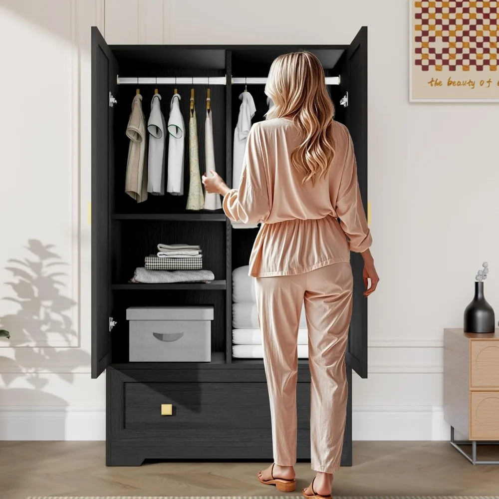 

Freestanding Closet Wardrobe Cabinet, Armoire with Doors, Shelves, Drawer, for Bedroom